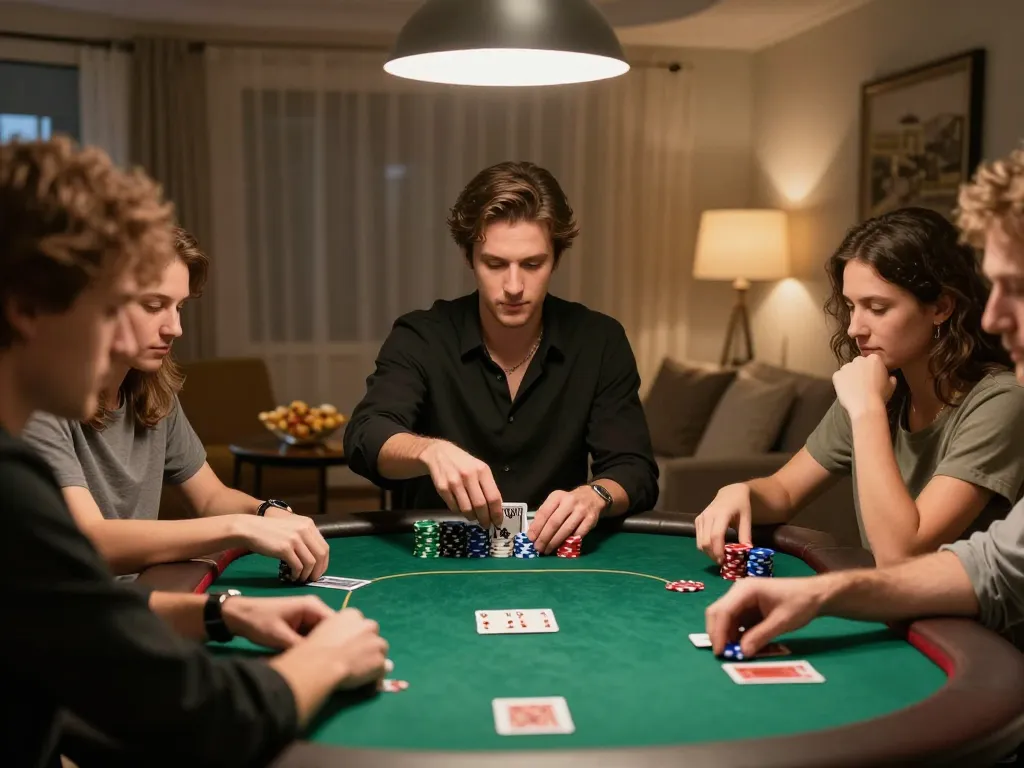 Players enjoying an exciting poker game at home while strategizing their next move, featuring Winbox88.