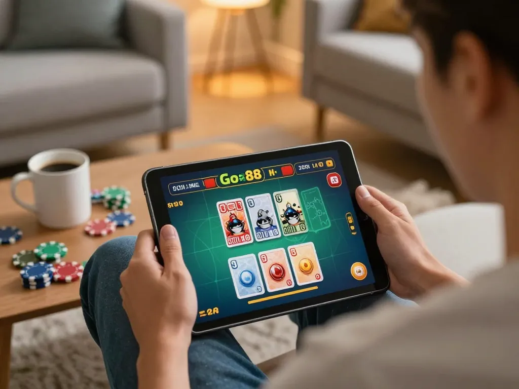 Engaging gameplay on Go88 app with cards displayed on smart tablet during a cozy home session