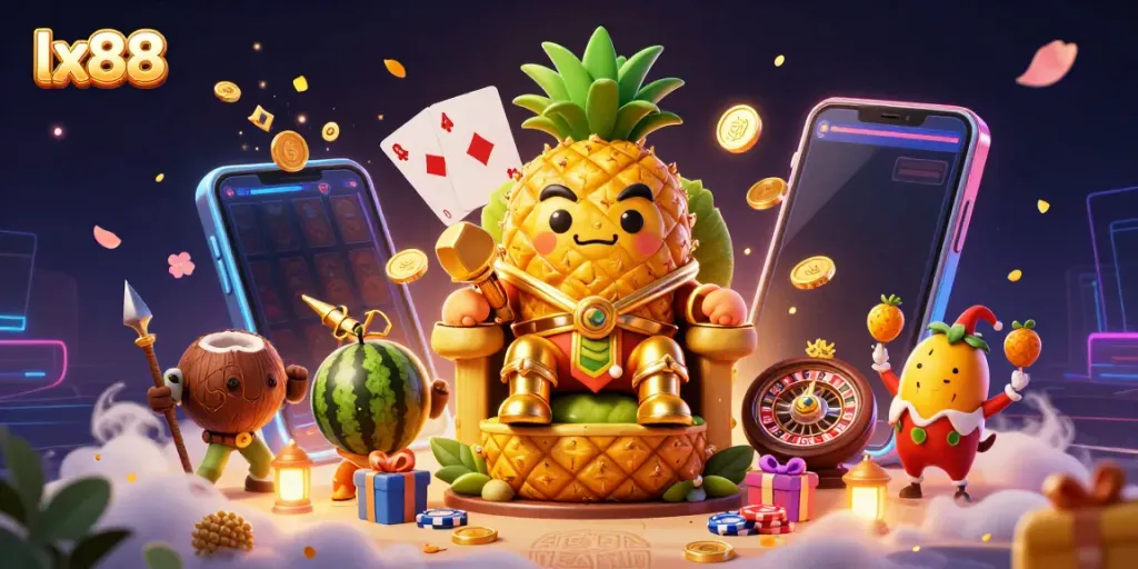 Engage with thrilling slots and games at lx88, featuring a vibrant beach casino illustrated scene.
