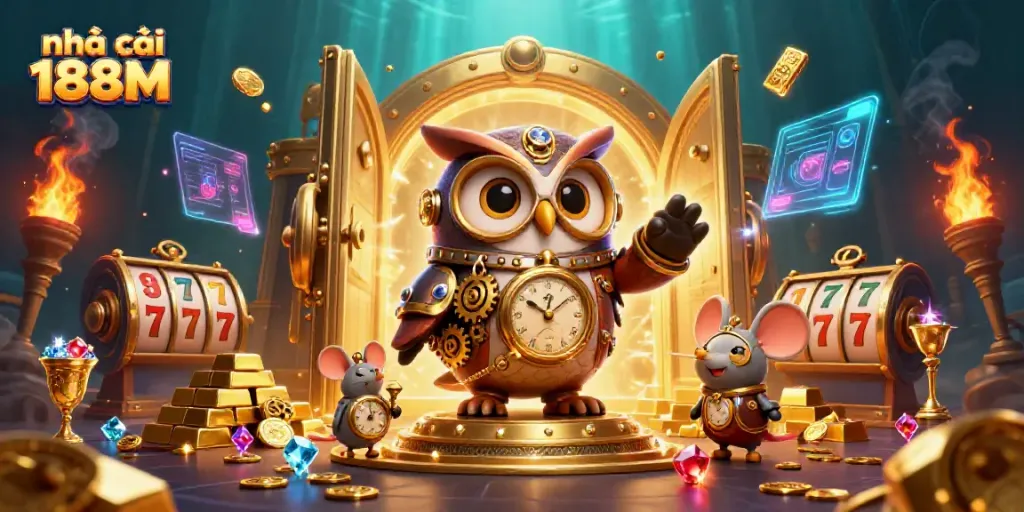 Witness an exhilarating scene with nhà cái 188M's animated characters, surrounded by cascading treasures and vibrant casino elements.