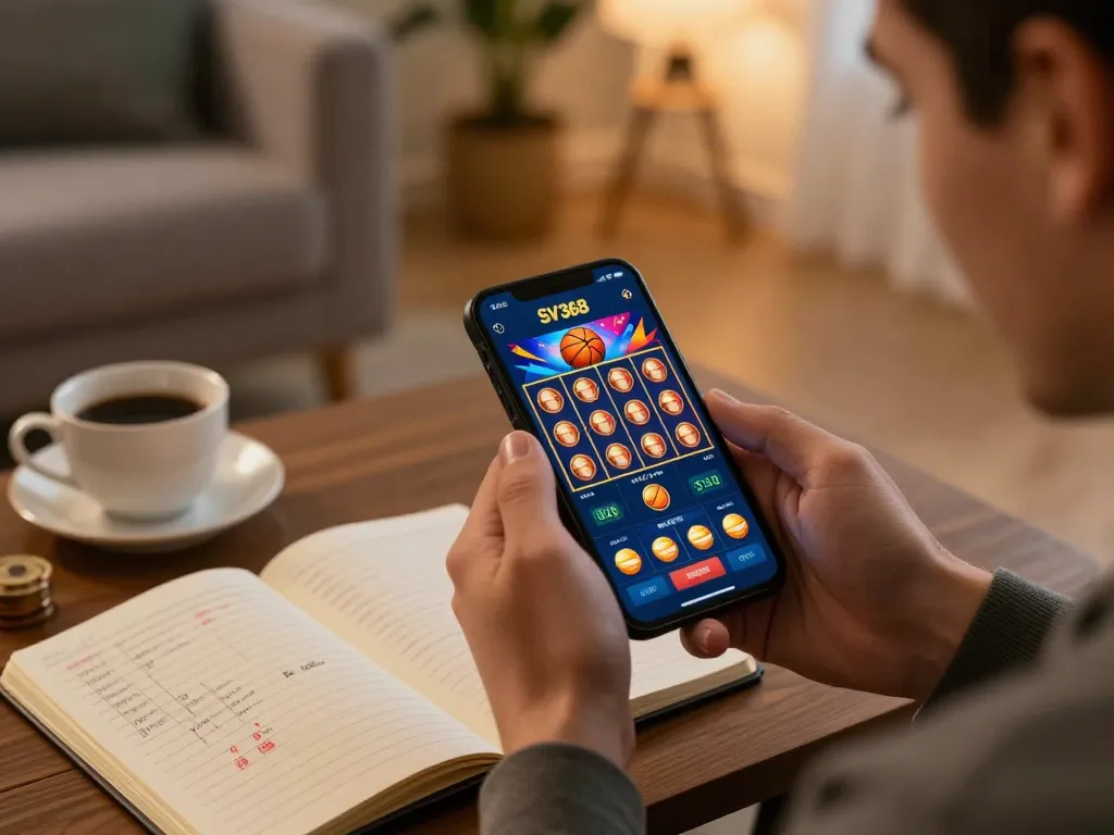 Engaging online gambling scene with player celebrating a win on SV368, showcasing responsible gaming in a cozy home.