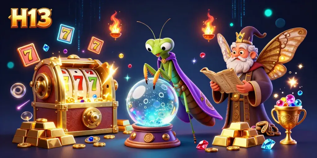 Engage with H13 in a vibrant casino scene filled with slot reels and sparkling jewels.