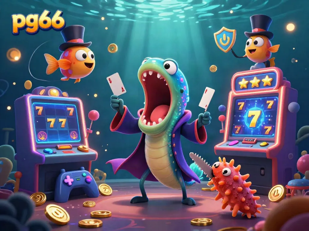 Experience card tricks in the underwater casino world with pg66, featuring vibrant characters and jackpot excitement.