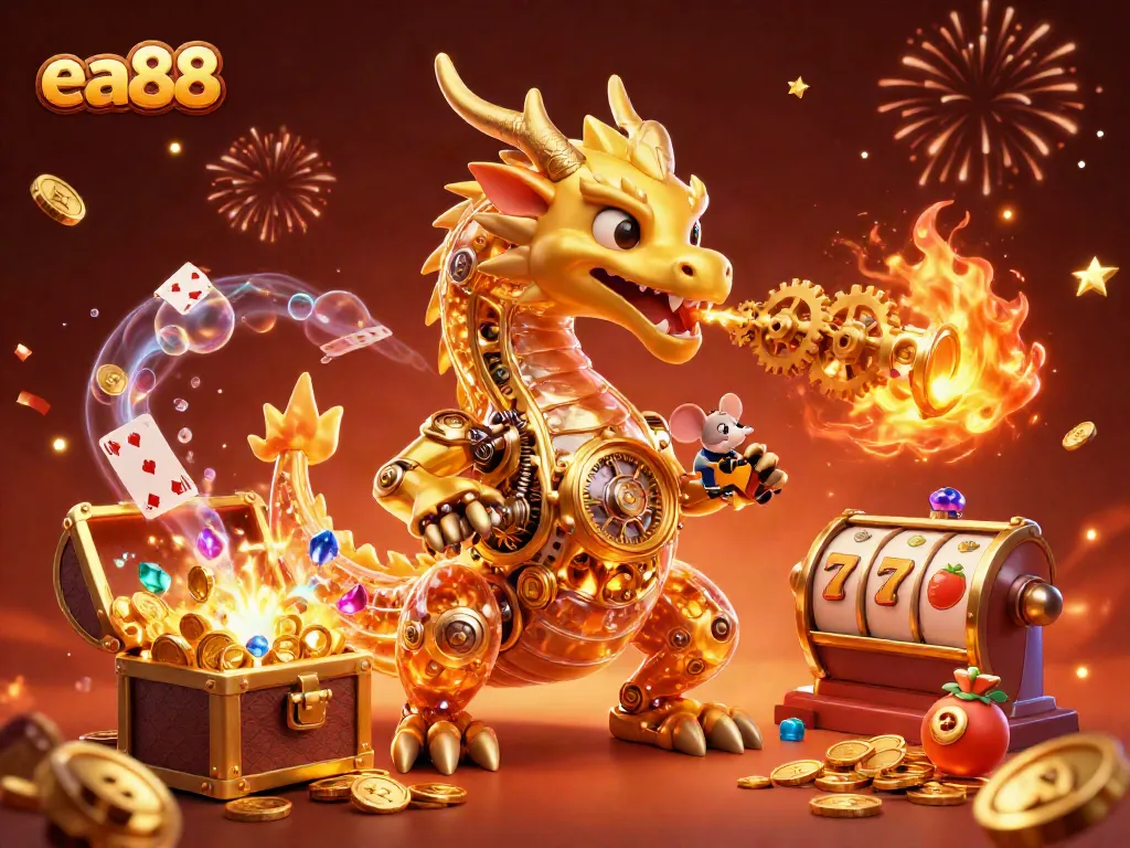 Engage with exciting gameplay at ea88, featuring a golden dragon amidst vibrant casino elements.