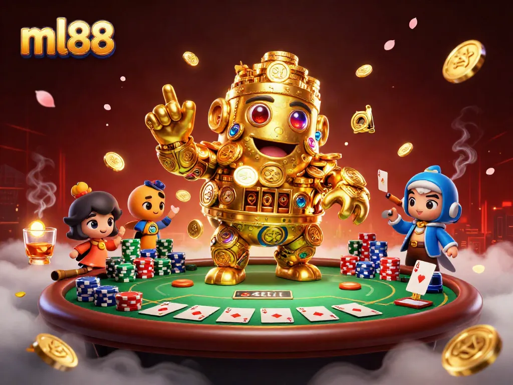 Experience the thrills of ml88 with a golden golem surrounded by poker and casino elements.