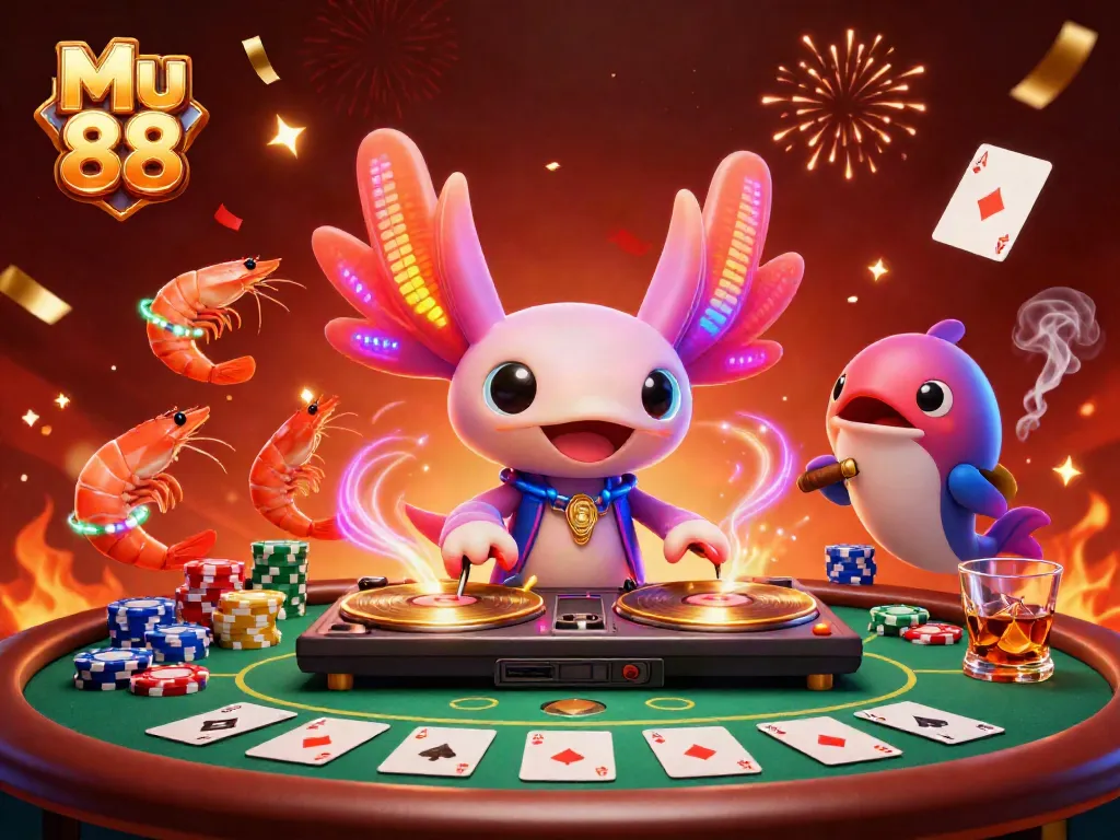 Experience the vibrant energy of Mu 88 with a neon axolotl DJ and shrimp dancers at a lively poker game.