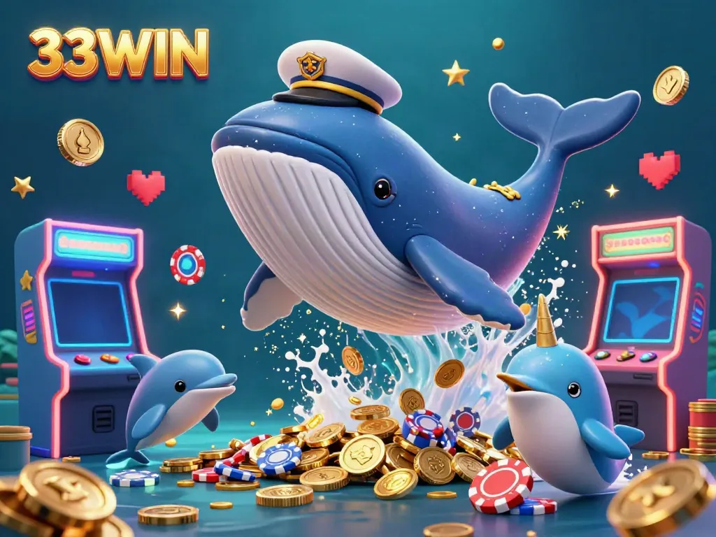 Join the fun at 33WIN with a vibrant underwater scene of a whale, narwhal, and dolphins in a casino-themed illustration.