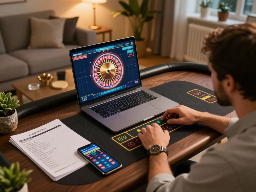 Player engaging in live casino game SC88 at home with laptop, notes, and smartphone.