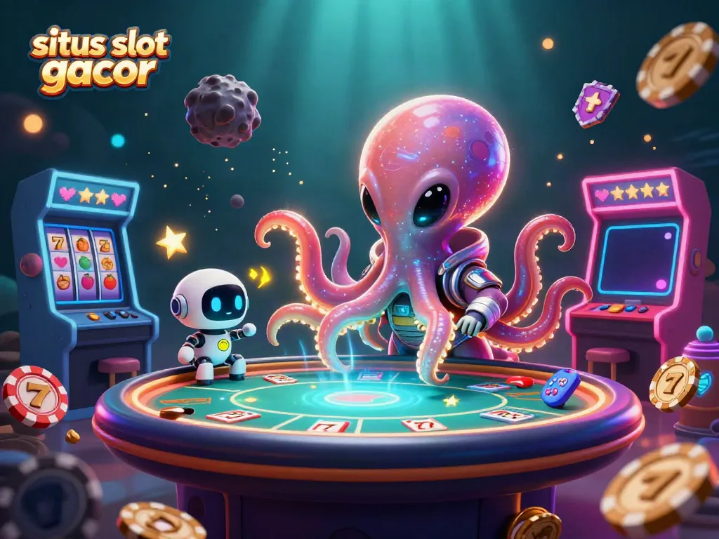 Experience situs slot gacor with a vibrant 3D illustration of captivating slot games and playful alien characters.
