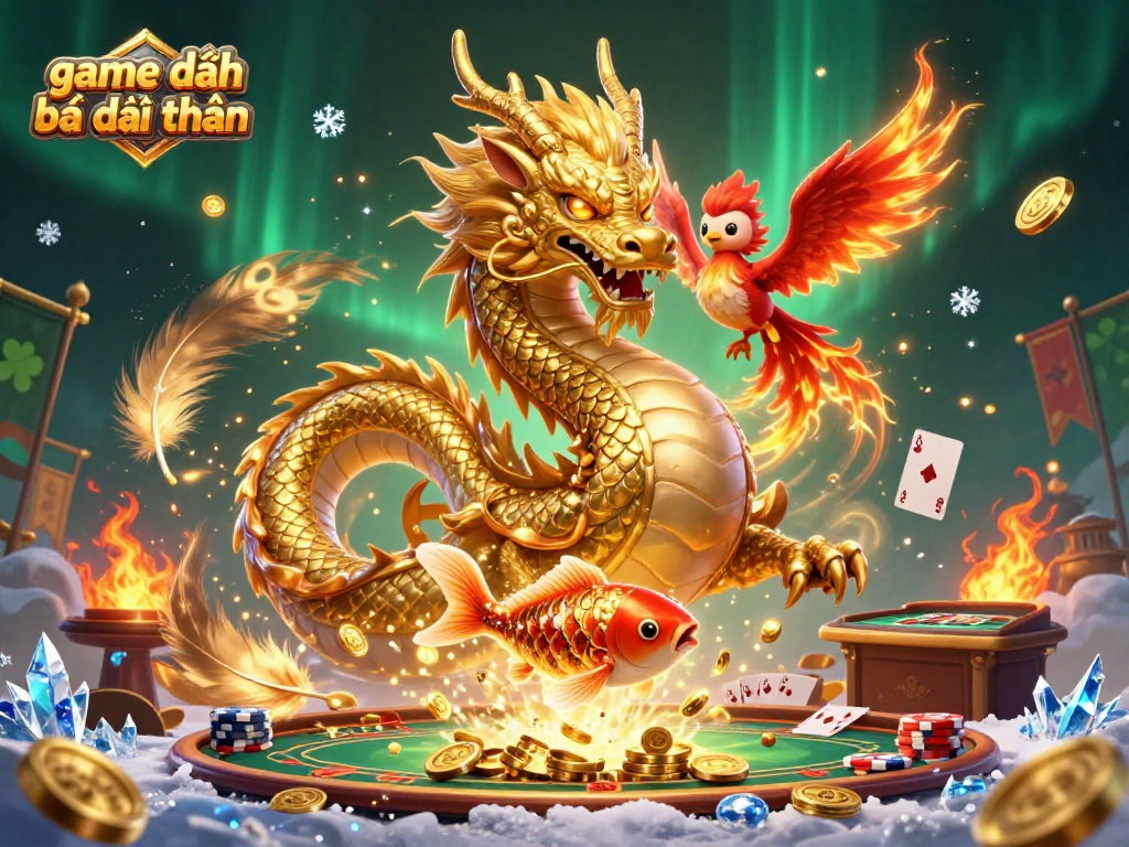 Engage in game đánh bài đổi thưởng with a colorful 3D casino scene featuring a dragon, phoenix, and koi fish.