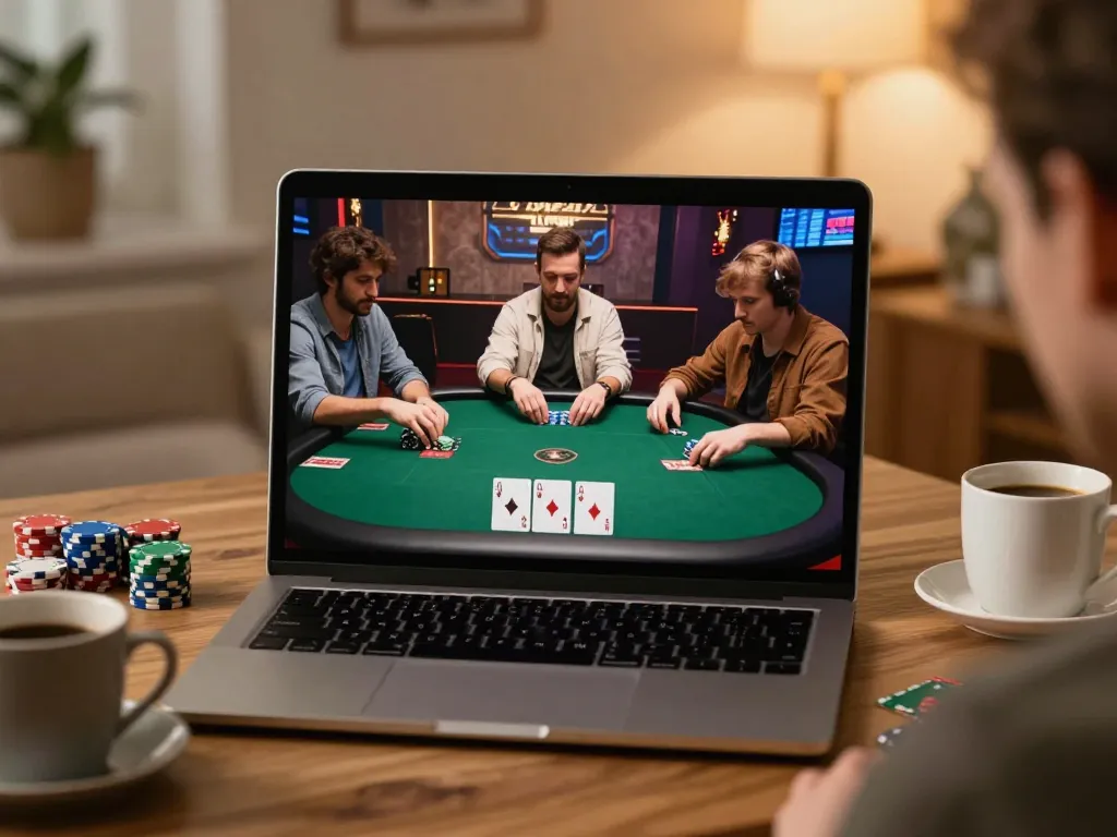 Engaged players enjoying online poker at home via rik vip on their laptop.