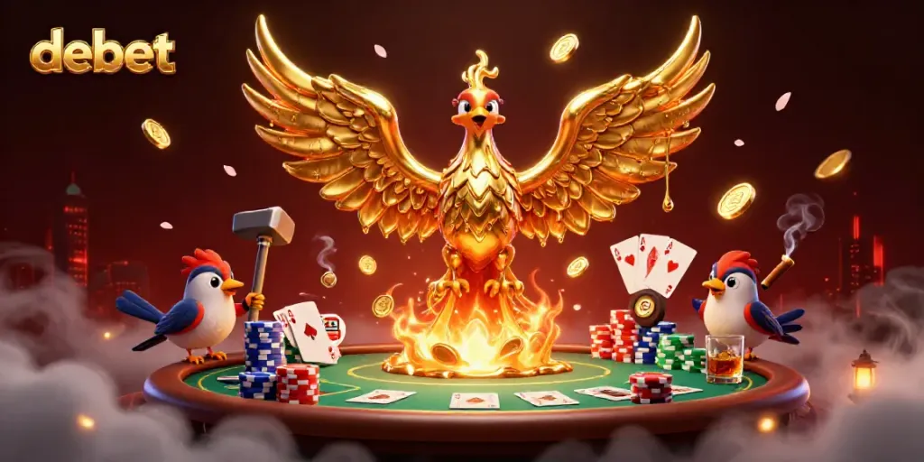 Experience thrilling gameplay at debet, where a molten phoenix soars amidst vibrant poker elements.