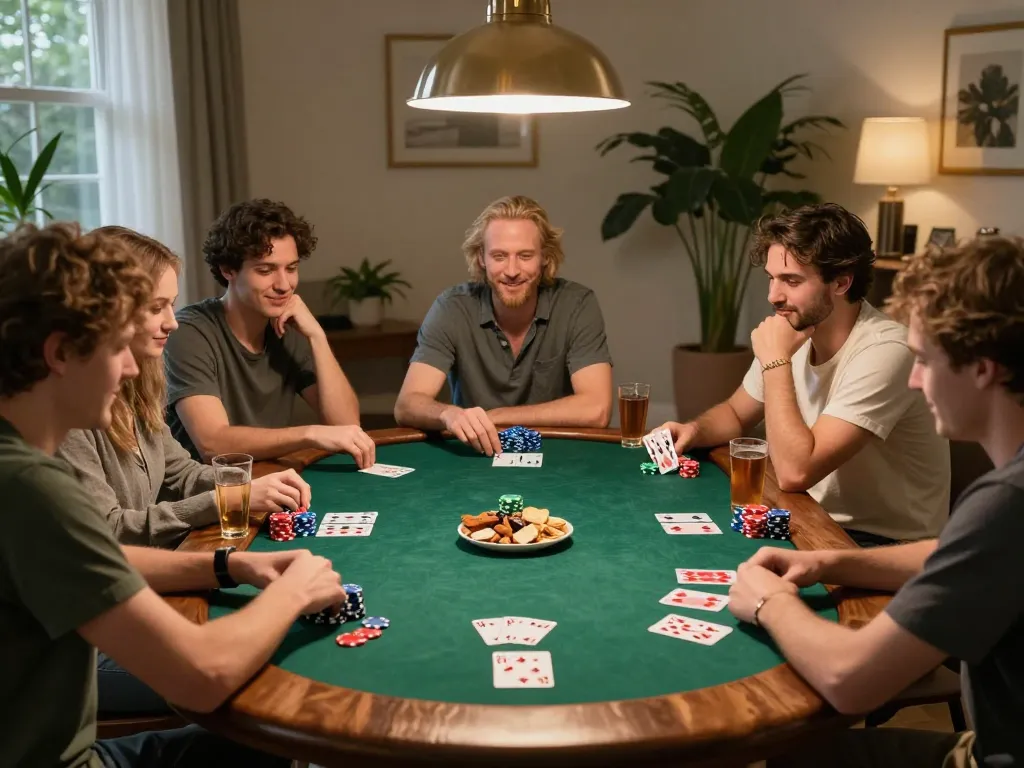Friends enjoying a lively poker night at home, highlighting the engaging atmosphere of 98win gaming.