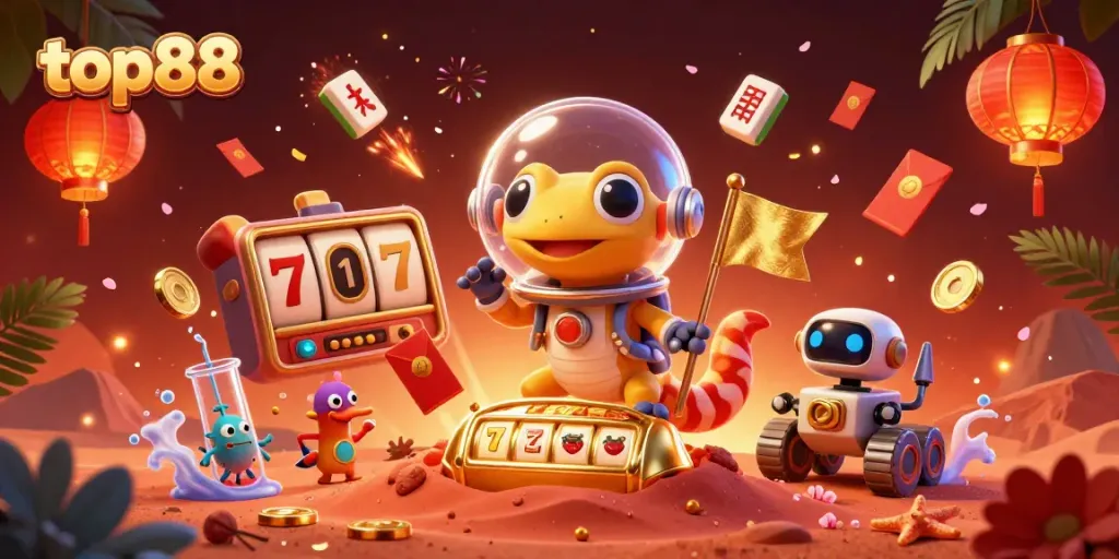top88 Martian gecko finds a golden casino with vibrant gambling elements in a lively scene