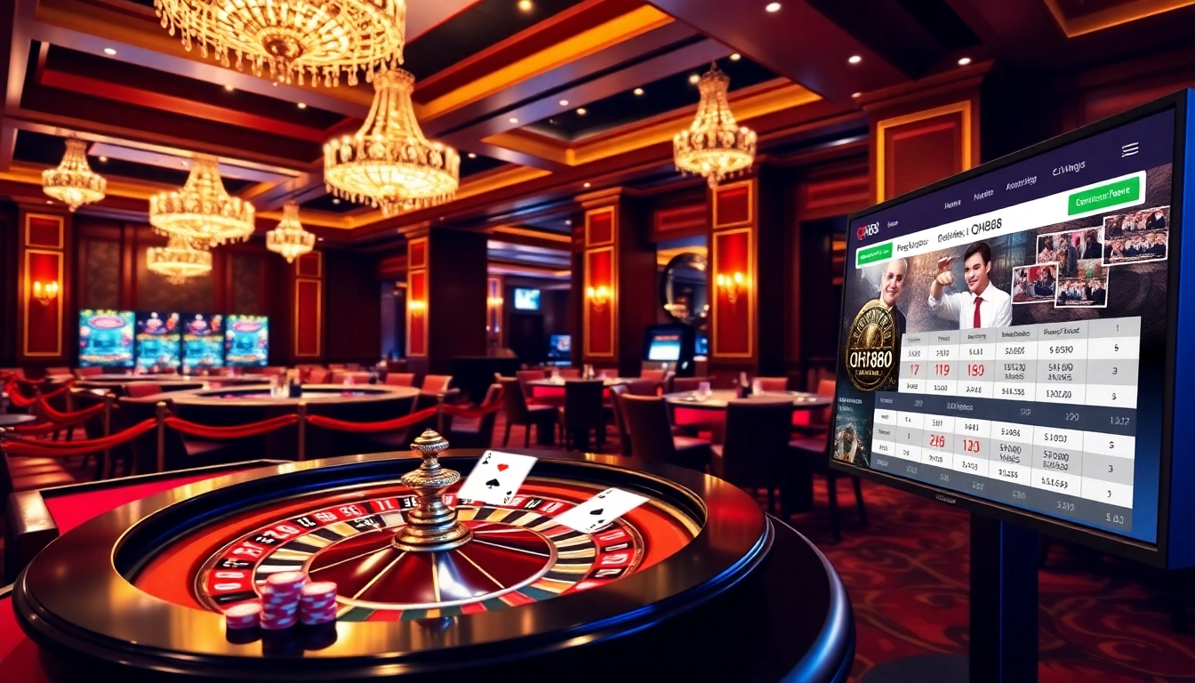 Engaging moment at qh88 casino with vibrant poker chips and roulette wheel.