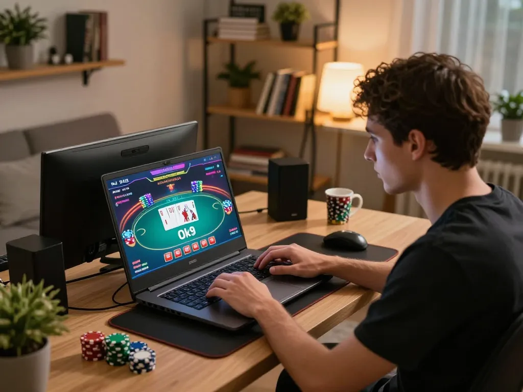 Playing poker strategy on Ok9 online casino platform with focused gameplay interface.