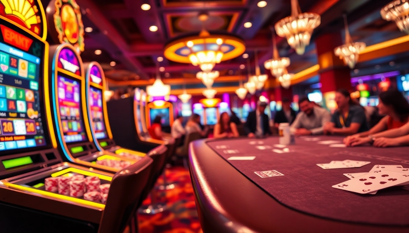 Spiele casionspiele mit lebhaften Slotmaschinen und Kartentischen in einem attraktiven Casino-Setting.