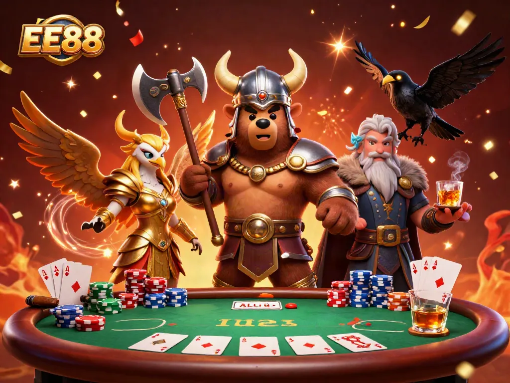 Experience the thrill of EE88 through a vibrant 3D illustration showcasing exciting poker elements and engaging characters.