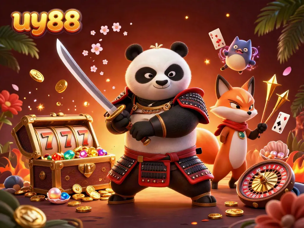 Experience thrilling gameplay at uy88 with a dynamic 3D scene of gambling action featuring characters and casino elements.