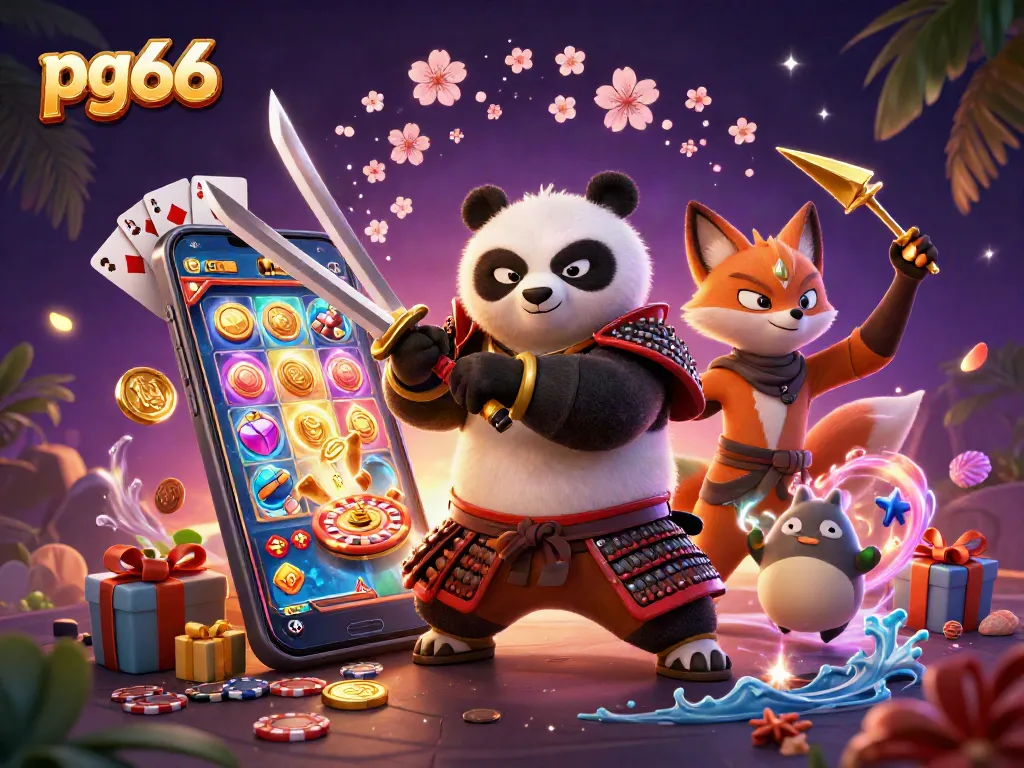 Win big with pg66's thrilling games depicted in a vibrant 3D casino illustration.