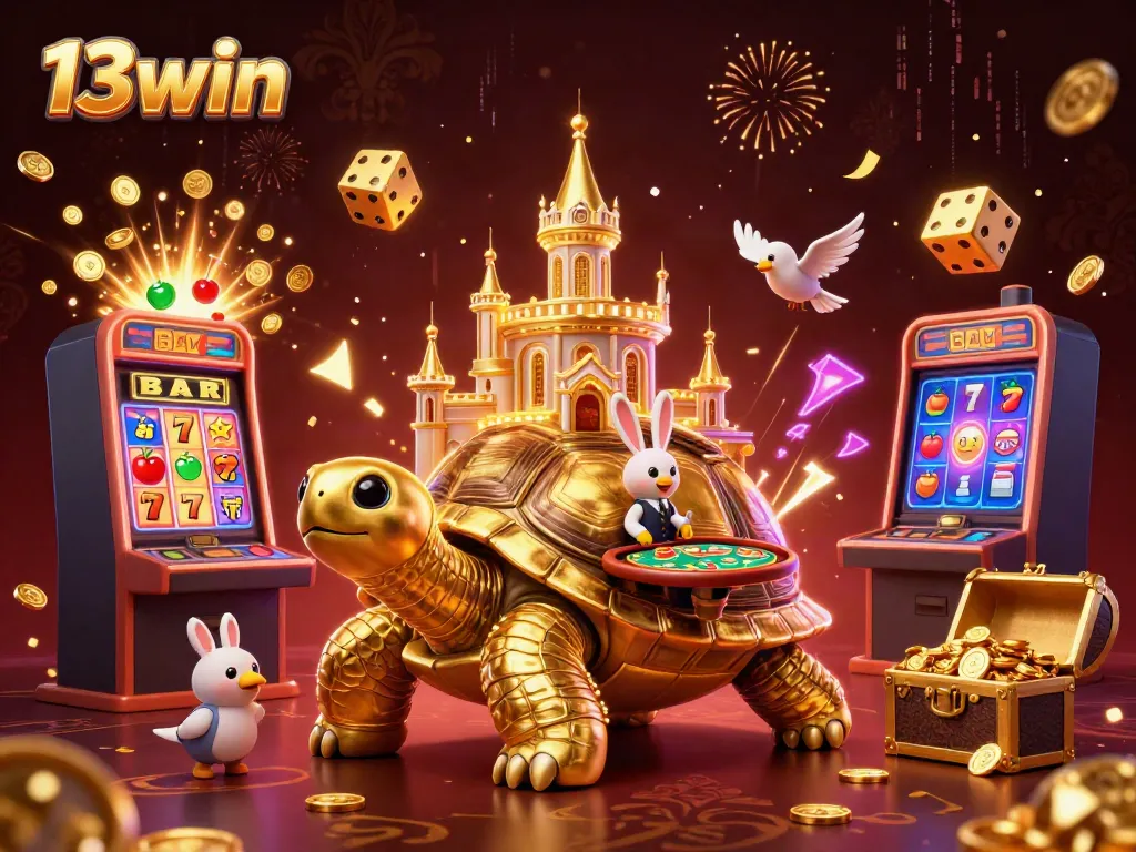 Enjoy winning at 13win with a vibrant casino scene featuring a golden tortoise and thrilling games.