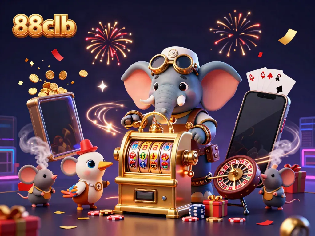 Experience vibrant casino fun with 88clb featuring a steampunk elephant operating a golden slot machine.