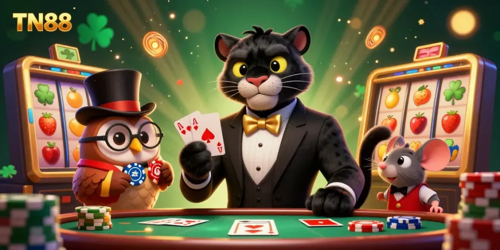Engage with TN88's thrilling casino environment featuring stylish characters and vibrant gaming elements.