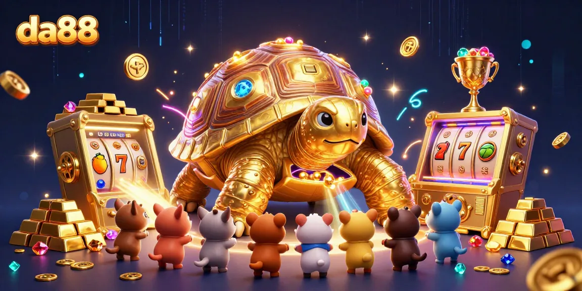 Experience thrilling da88 gaming with a colossal golden tortoise pinball machine amid treasures.