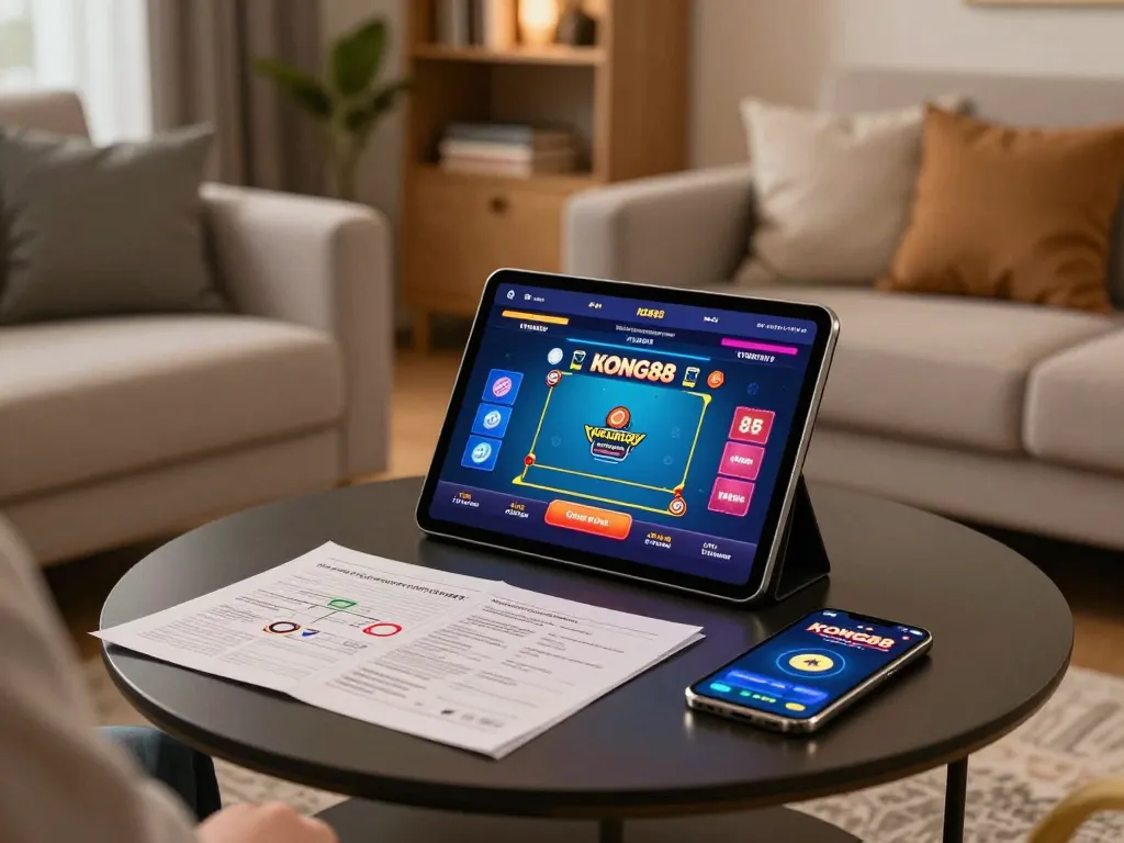 KONG88 player engaged in online poker strategy with tablet and notes.