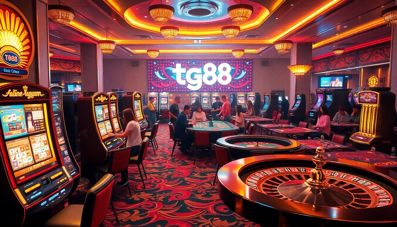 Gamblers enjoying the excitement of tg88 at a luxurious online casino with vibrant slot machines and poker tables.