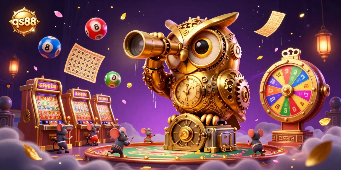 Experience thrilling gaming action at qs88 with a majestic golden owl overlooking a vibrant casino.