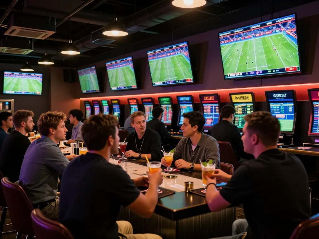 Spectators engaging in sports betting and analyzing soi kèo bóng đá odds at a lively bar