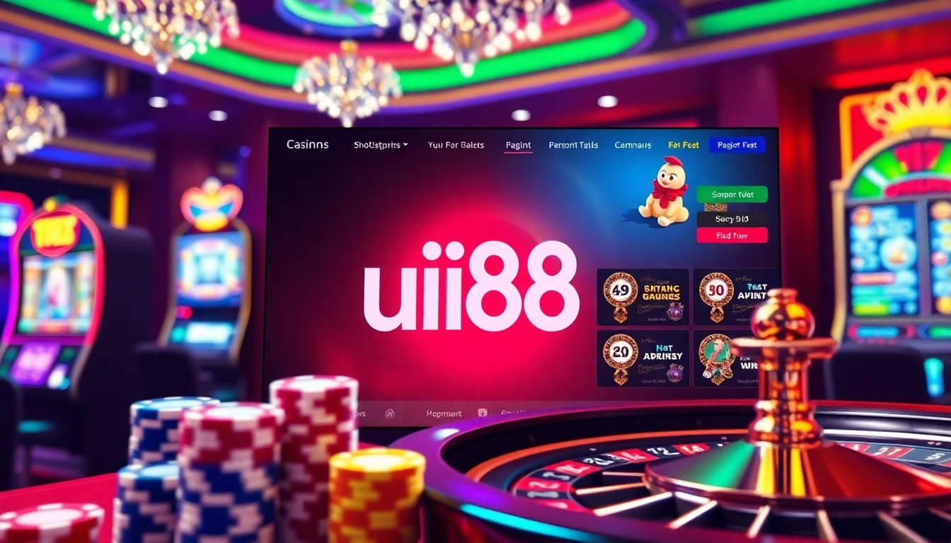 Play online games at uu88 with vibrant casino visuals featuring slot machines and poker chips.