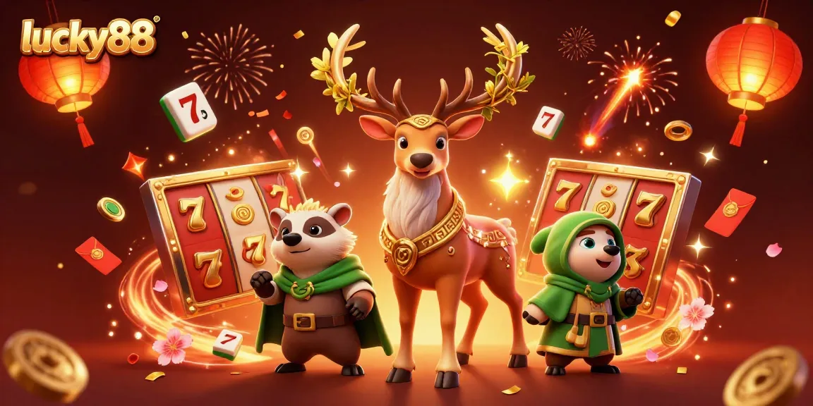 Experience thrilling wins with lucky88, featuring slot reels, epic jackpots, and enchanting characters in a vibrant casino scene.