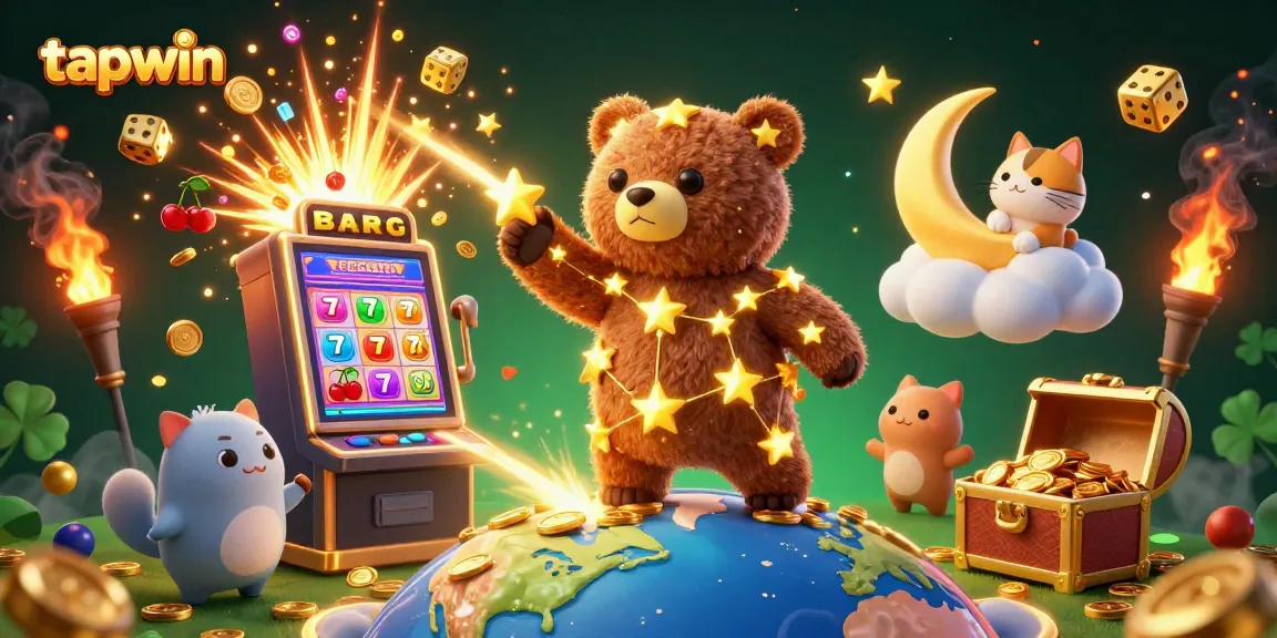 Experience the excitement of tapwin as golden stars scoop coins amid a vibrant casino scene.