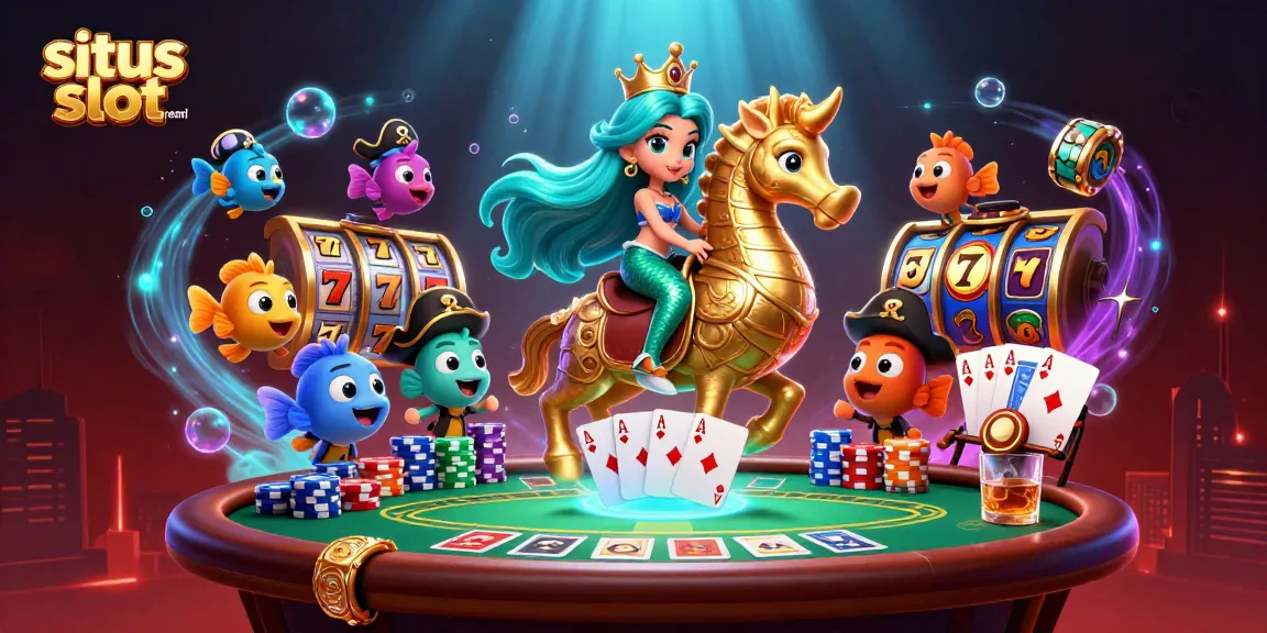 Engage with the excitement of situs slot resmi through a vibrant underwater casino scene with dynamic characters and game elements.
