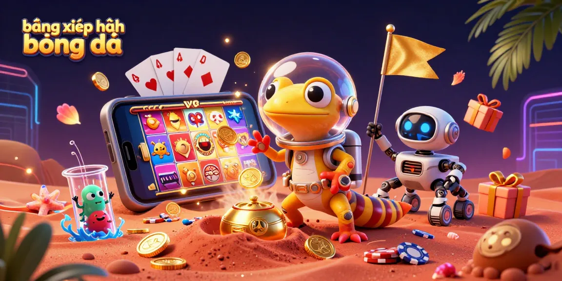 Bảng xếp hạng bóng đá illustration showcasing vibrant 3D casino elements with lively characters interacting in a dynamic scene.