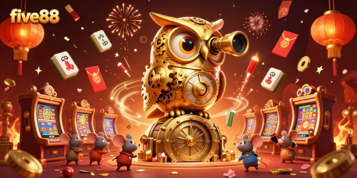 Experience an exciting gaming adventure with five88 at this vibrant casino illustration featuring a golden owl.