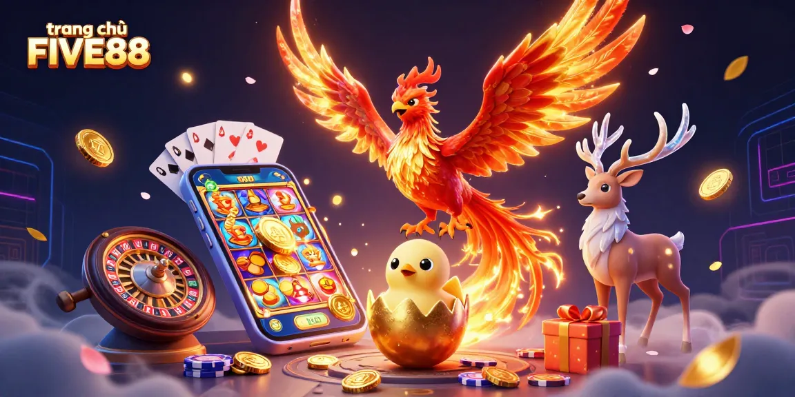 Experience the excitement at trang chủ FIVE88, featuring games and dynamic casino elements in a vibrant 3D scene.