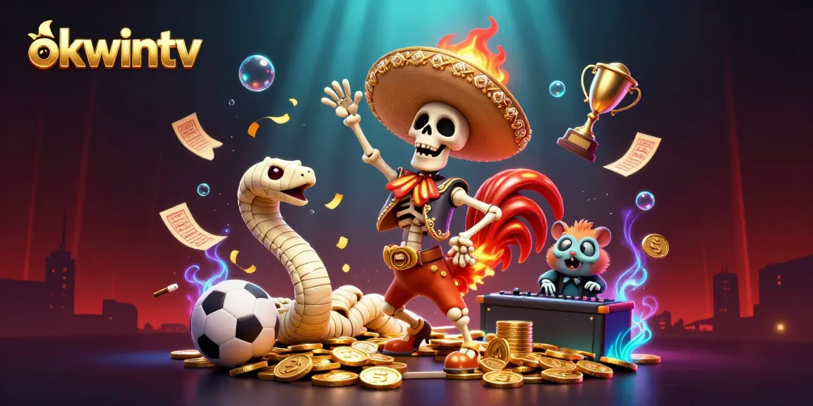 Bet on exciting matches with okwintv, featuring a vibrant 3D scene of festive characters and dynamic sports elements.