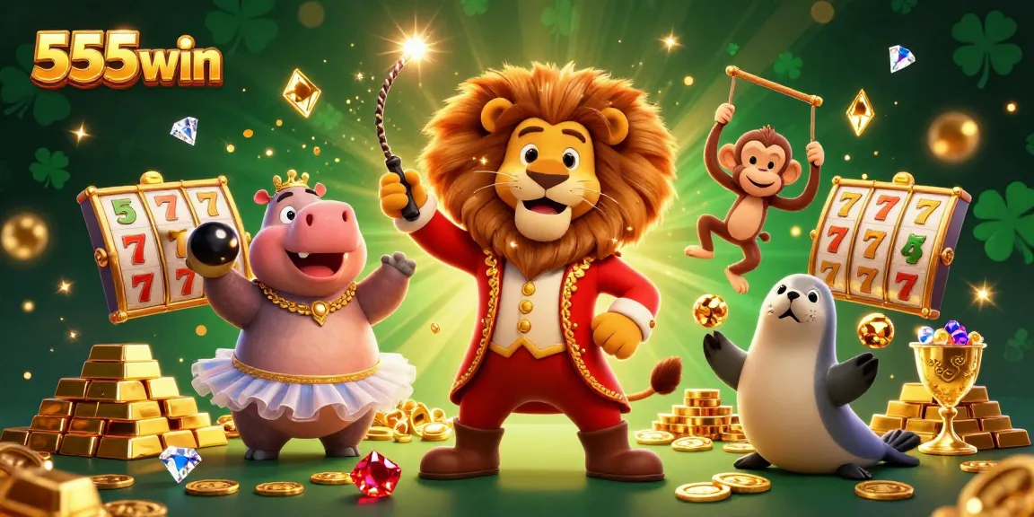 Experience the excitement of 555win with a vibrant casino scene featuring a lion ringmaster and dazzling treasures.