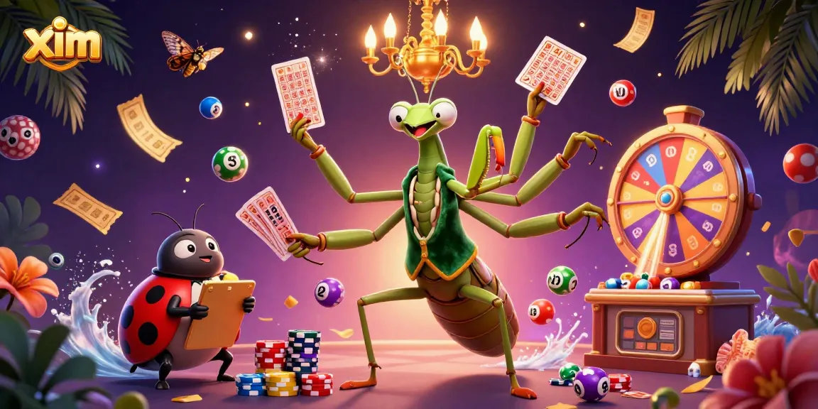 Xim brings excitement to the game with a mantis card sharp and vibrant lottery elements in a casino scene.