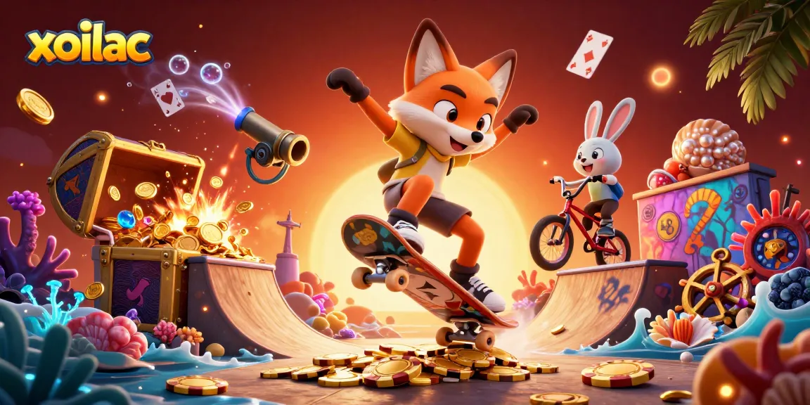 Xoilac captures a thrilling moment with a fox kickflipping over poker chips, showcasing a dynamic casino scene.