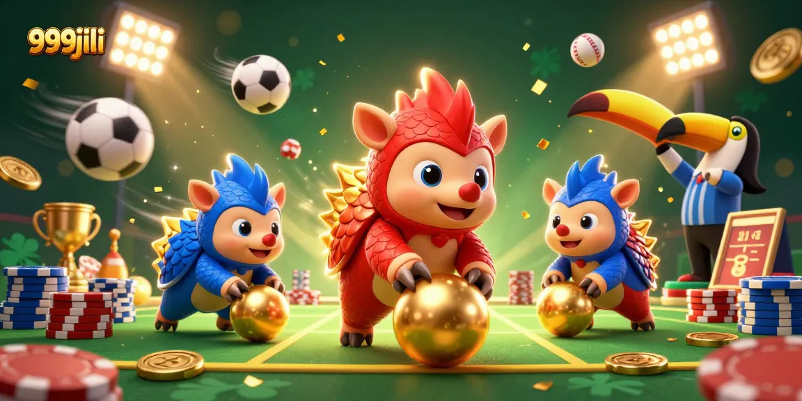 Engage in thrilling gameplay at 999jili with animated pangolins rolling into golden balls amid dynamic sports elements.