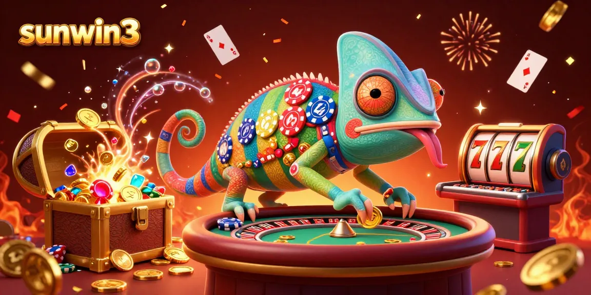 Experience the thrill of sunwin3 with a vibrant illustration featuring a chameleon casino owner in a rich gaming environment.