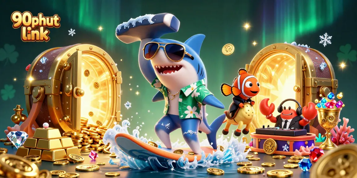 Experience excitement at 90phut link with vibrant gambling elements surrounded by cartoon sea life.