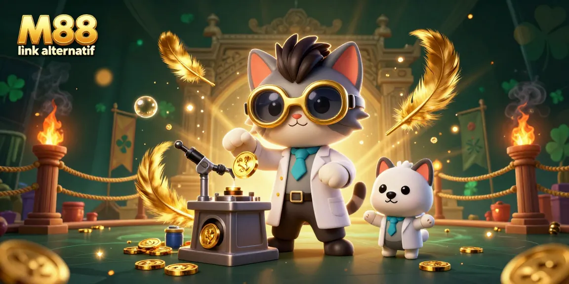 Engage with M88 link alternatif in this vibrant casino-themed illustration, featuring action-filled betting elements.