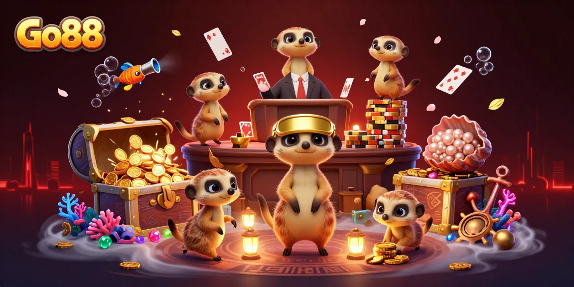 Engage with Go88's vibrant casino scene featuring meerkats and treasure in a colorful underwater world.