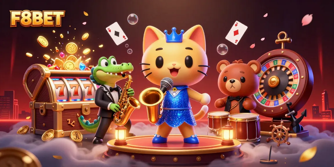 Experience F8BET's vibrant casino atmosphere with lively characters and dynamic gambling elements.