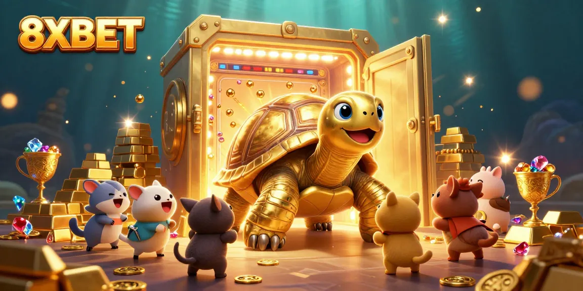 Experience exciting casino fun at 8XBET with our colossal golden tortoise and treasure filled with gems.